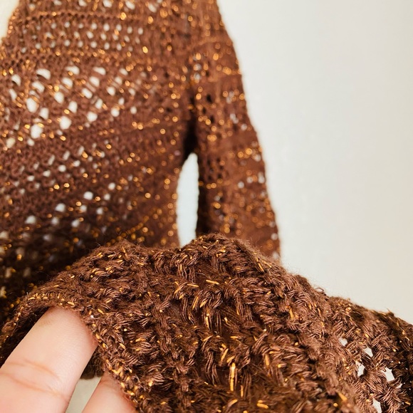Tie-Front Sweater-Knit Bolero Top Y2K 90s Brown Metallic - Picture 9 of 11